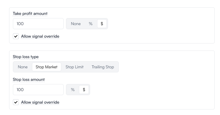 Market Price Offset example showing take profit and stop loss configuration