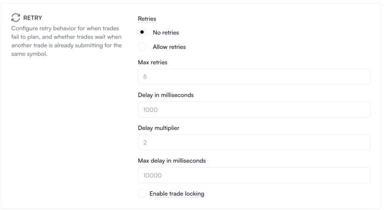 The Enable trade locking option in the Retry settings