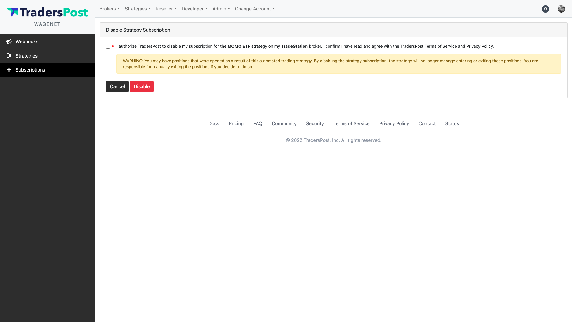 Disable Strategy Subscription