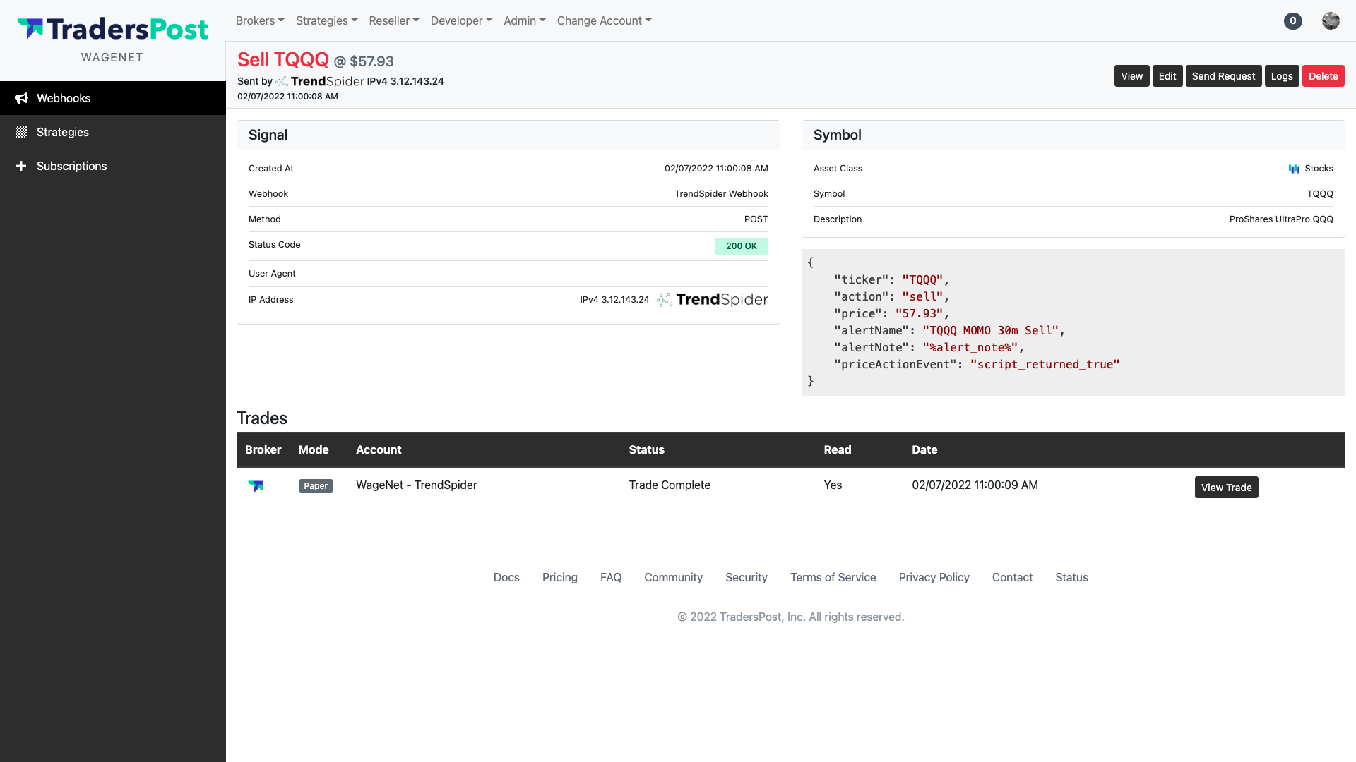 View Webhook Request Log Screen